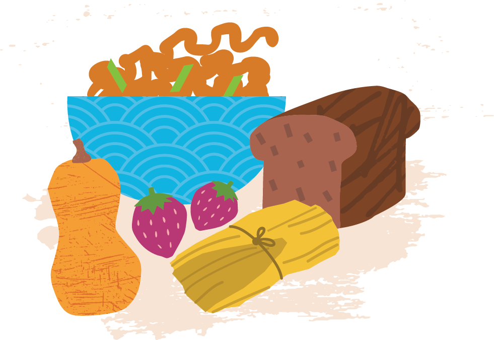 Ilustración de un plato de fideos, una calabaza cacahuete, una barra de pan integral, dos fresas y un tamal