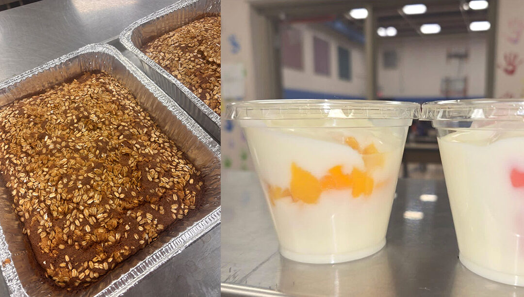 Baking pan with cratch-made bread and peach and watermelon yogurt parfaits