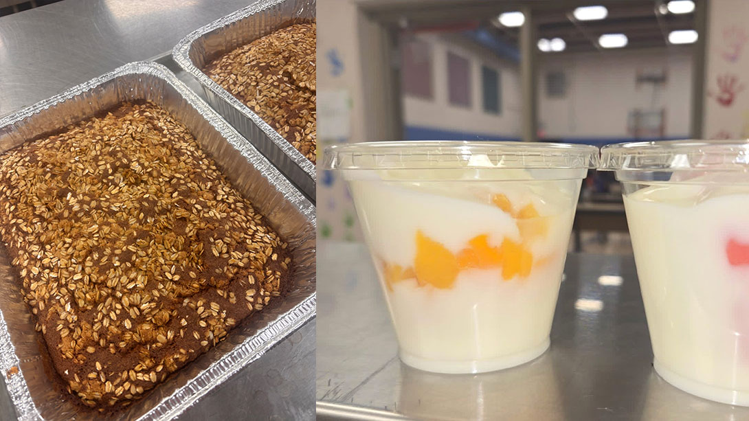 Baking pan with cratch-made bread and peach and watermelon yogurt parfaits
